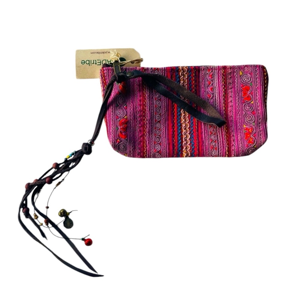 Pink Toned Handcrafted Woven Jade Tribe Clutch pull tab and leather Fringe - Picture 7 of 12